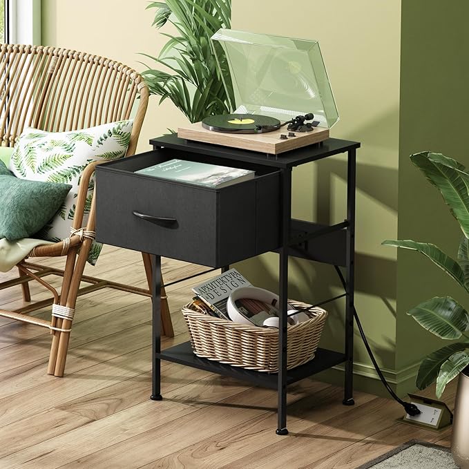 WLIVE Night Stand with Charger Station, Small Nightstand with 1 Fabric Drawer and Open Wood Shelf, 25" H Bedside Table for Bedroom, 2-Tier Storage Side Table for Dorm, Entryway, Black