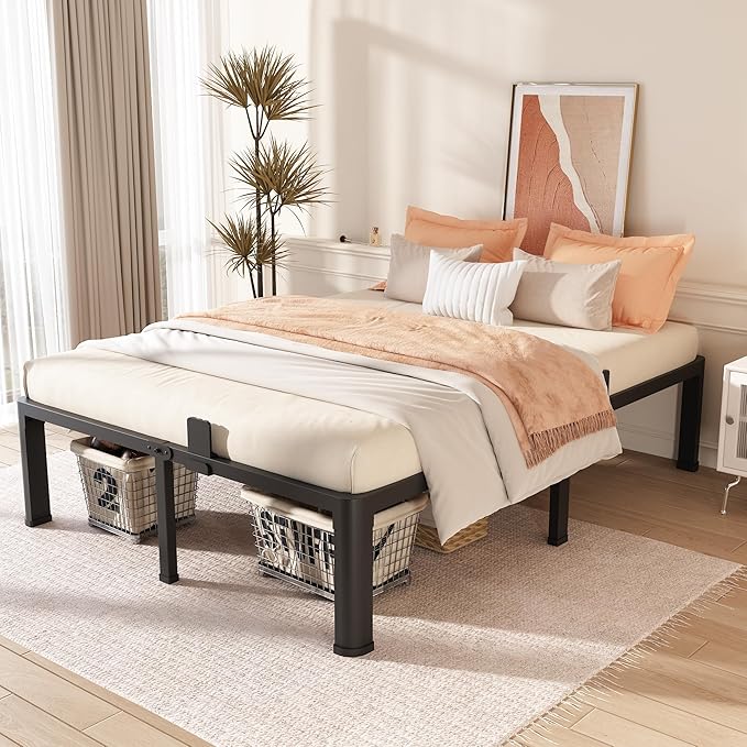 FUIOBYVV California King Bed Frame with Round Corner Edge Legs 16 inch High 3500 lbs Heavy Duty Metal Platform Bed Frame King Size No Box Spring Needed/Noise Free/Steel Slat Support/Non-Slip Black