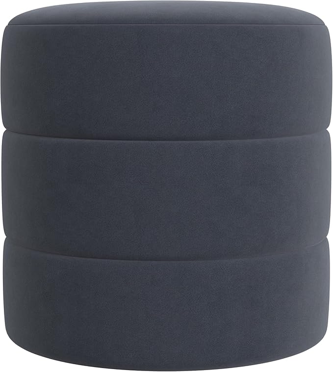 HomePop Upholstered Round Ottoman (No Lid, Seat Only) Home Décor | Round Pouf Foot Rest – Steel Blue Velvet