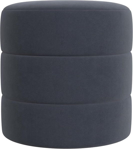 HomePop Upholstered Round Ottoman (No Lid, Seat Only) Home Décor | Round Pouf Foot Rest – Steel Blue Velvet
