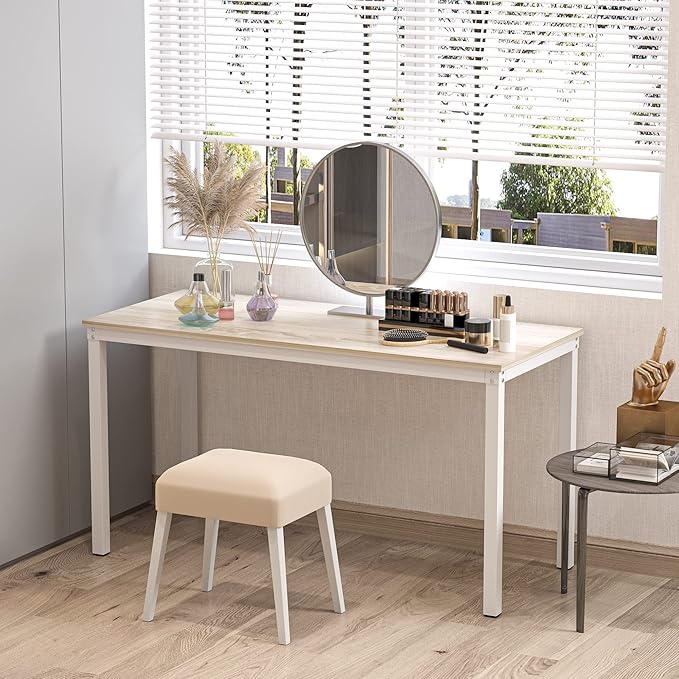 Teraves Computer Desk/Dining Table Office Desk Sturdy Writing Workstation for Home Office (39.37“, Beige + White Frame)