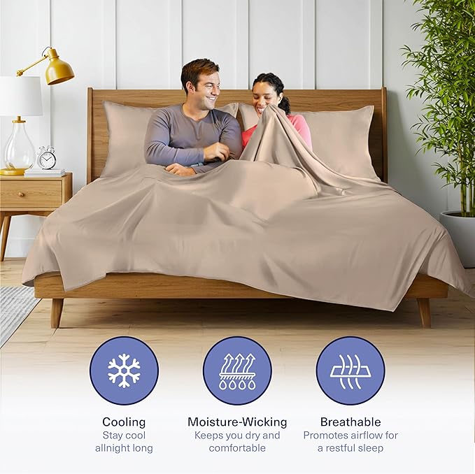 Kickoff Viscose Bamboo Sheets Queen Size 4-pc 100% Organic Bamboo Viscose Bed Cooling Sheets Queen Size Set Cool Bedding for hot Sleepers Sheet, Flat, Fitted, Pillowcases (Iced Latte, Q)