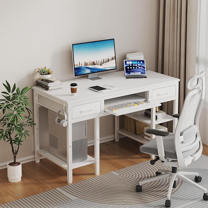 Lufeiya White Desk with Keyboard Tray Slide Out, 47 Inch Home Office Computer Desks with Fabric Drawers & Storage Shelves, Modern Simple Study Writing Table PC Desks for Bedroom, White