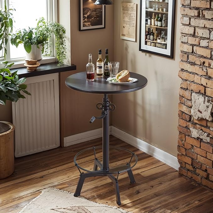 LOKKHAN Industrial Bar Table-33.5-39.4 Inch Tall-Adjustable Bar Height Pub Table-23.7 Inch Swivel Round Metal Top-Easily Adjusts by Crank Handle, Black