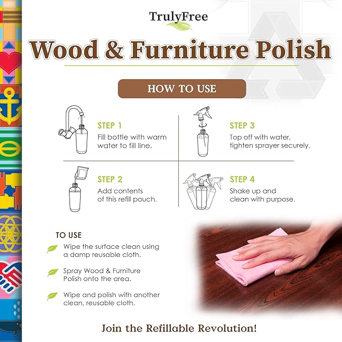 Natural Wood Cleaner & Furniture Polish - Leather Cleaner, Vinyl, Furniture & Wood Polish, Helps Remove Water Stain, Unscented - Includes: 1 Refillable Empty 12oz Bottle & 1 Refill(3 fl oz)