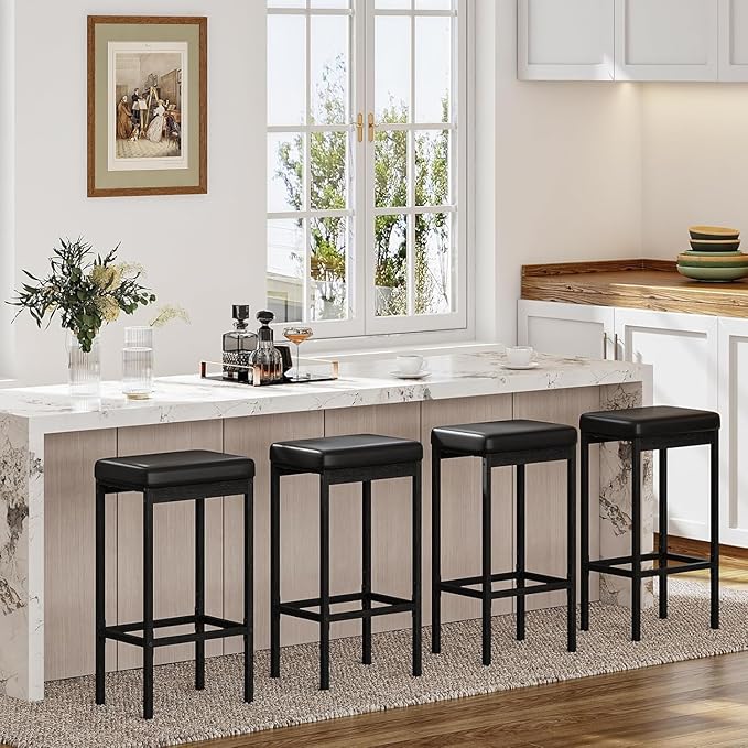 HOOBRO Bar Stools, Set of 4 Bar Chairs, 24.8-Inch Height Stools, Breakfast Bar Stools, Kitchen Stools, 2" Thick Upholstery, for Kitchen, Dining Room, Cafe, Bar Counter, Black BB21BYP401