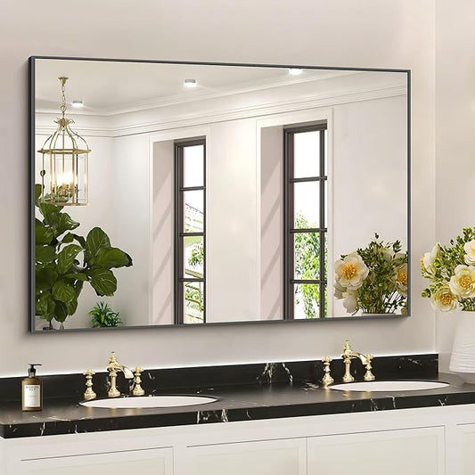 36x50inch Bathroom Mirror, Black Rectangle Mirror with Thin Metal Frame, Large Rectangular Wall Mirror for Bathroom, Living Roomm, Hair Salon, Big Farmehouse Mirror Hang Horizontal/Vertical