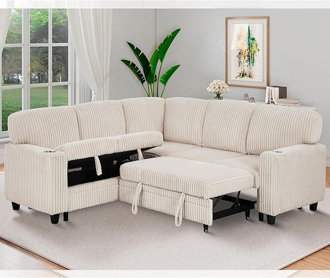 Ball & Cast Modular Sectional Sleeper Sofa Bed,L-Shaped Couch W/Pull Out Bed and USB Charging,Cupholders&Storage Seats,Convertible Sleeper Sofa Beds for Living Room,Apartment,Corduroy Fabric,Beige,81"