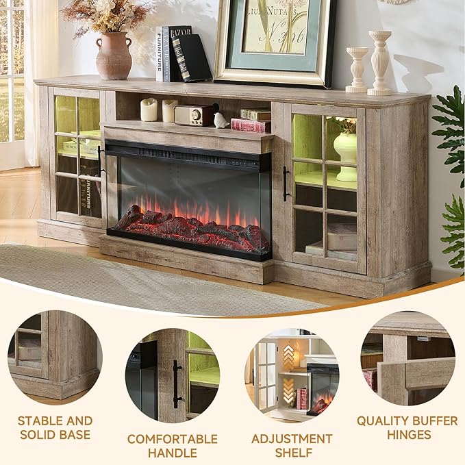 ROCKPOINT 3 Sided Glass 70" Fireplace TV Stand for TVs up to 80", Media Entertainment Center with Glass Door Storage Cabinet for Living Room,36" Electric Fireplace & Adjustable LED Light,Grey