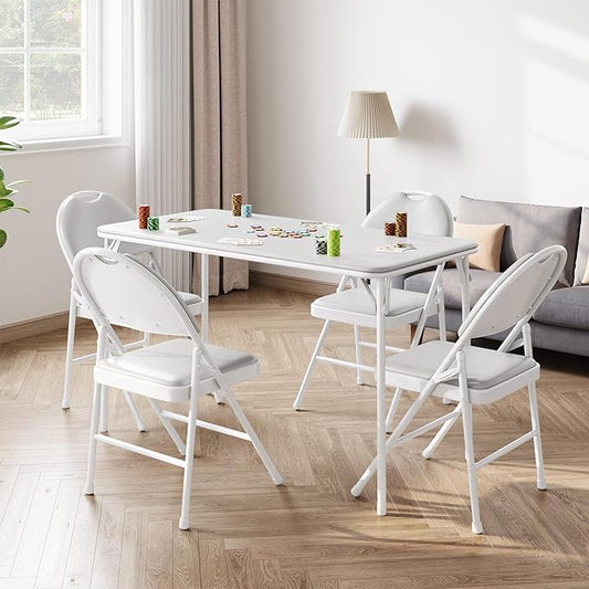 IDEALHOUSE Protable Folding Table and Chairs, 5 Piece Folding Card Table and Chairs Set, Foldable PU Upholstered Table and Chairs Set of 5, for Dining Room, Living Room, Office, Camping, Gray