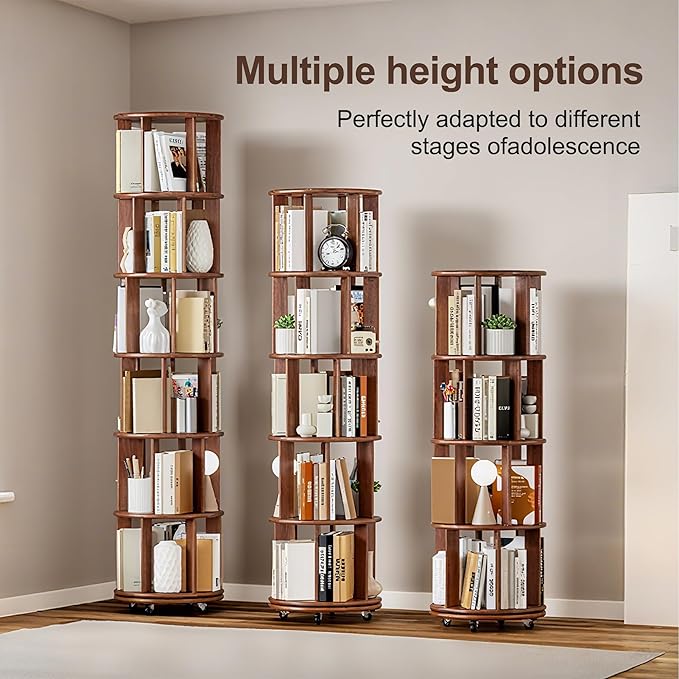 KEIKI 360° Spinning Revolving Bookcase, Solid Wood 6 Tier Rotating Bookshelf with Storage, Narrow Tall Book Rack & Art Deco Bookshelf Organizer, Walnut