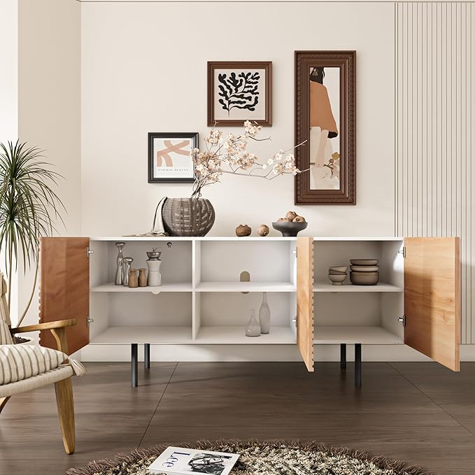 Roomfitters Mid Century Modern TV Stand for TVs up to 65", Boho Sideboard Buffet Cabinet Credenza, Media Console Entertainment Center for Living Room, Poplar Wood Print Carved and Geometric Design