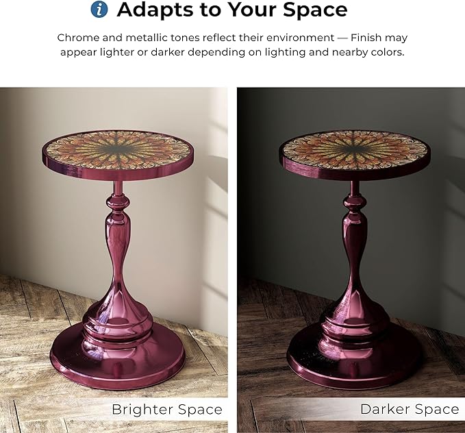 HOMES: Inside + Out Halric Modern 24" Tall Round End Table with Decorated Tabletop and Iron Metal Base, Accent Furniture, Elegant Pedestal Stand for Living Room, Home Office, Chrome Purple