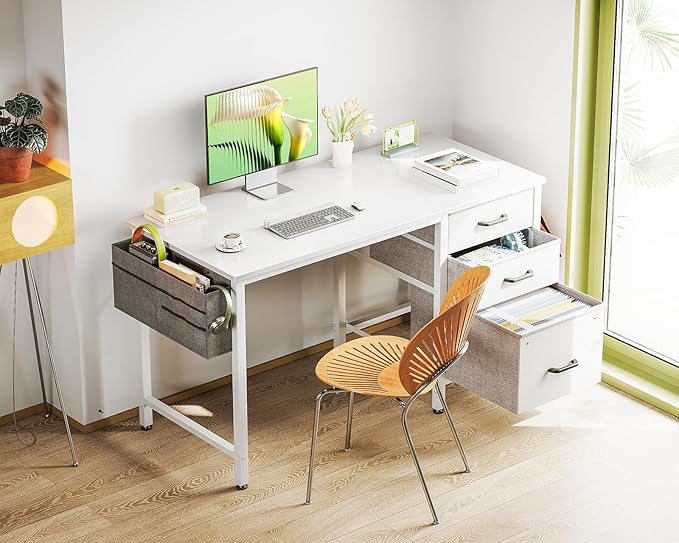 Casaottima 40 Inch Small Home Office Computer Desk for Bedroom with Fabric Drawers & File Cabinet, Cloth Storage Bag and Hook, Writing Study Work Desk for Small Space, Snow White