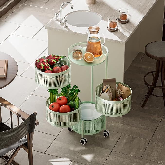 JAQ Kitchen Storage Rack No Assembly, 4-Tier Metal Storage Tower Basket Shelves Organizer on Rolling Wheels with Removal Drawers for Fruit Vegetable Grocery Corns Potato Onion (4-Tier, Green)