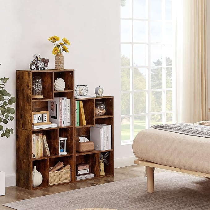 VECELO 42 Inch High Bookcase, 4-Tier Modern Storage Cabinet with Height Difference Shelves for Standard Textbooks, Floor Standing, 7 Cubes, Horizontal Available, Easy Assembly, Rustic Brown