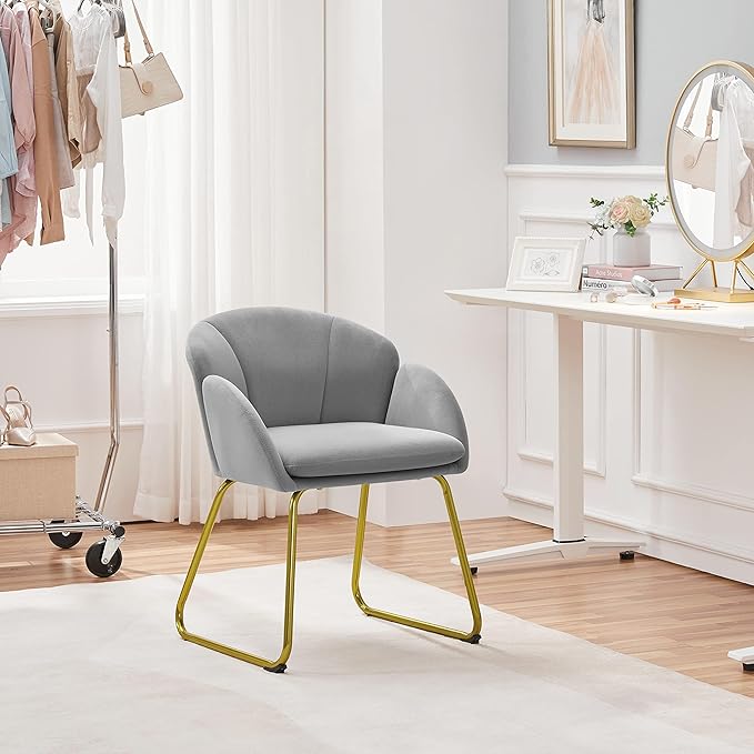 Yaheetech Flower Shape Velvet Vanity Chair, Modern Side Chair Armchair with Golden Metal Legs for Living Room/Dressing Room/Bedroom/Home Office/Kitchen, Gray