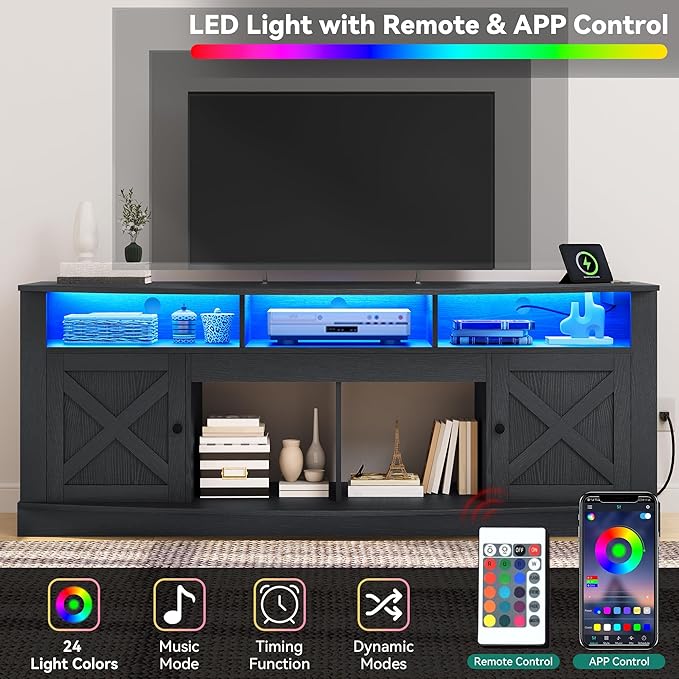 YITAHOME TV Stand for 75/80 Inch TV, Black Entertainment Center 70 Inches Wide, Media Furniture TV Table with with Power Outlet, TV Consoles for Living Room, Curved Desktop