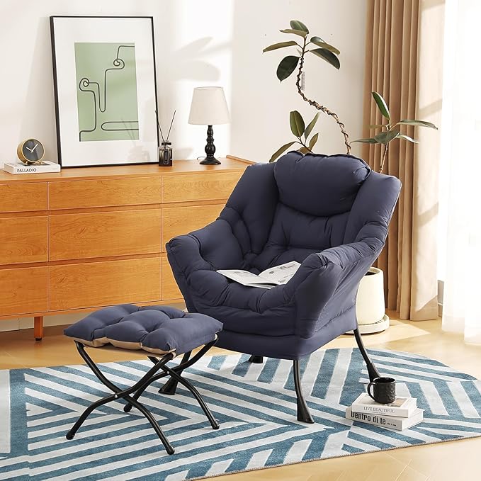Lazy Chair with Ottoman, Modern Chair with Folding Footrest, Lounge Accent Chair, Comfortable Reading Chair (Navy Blue)