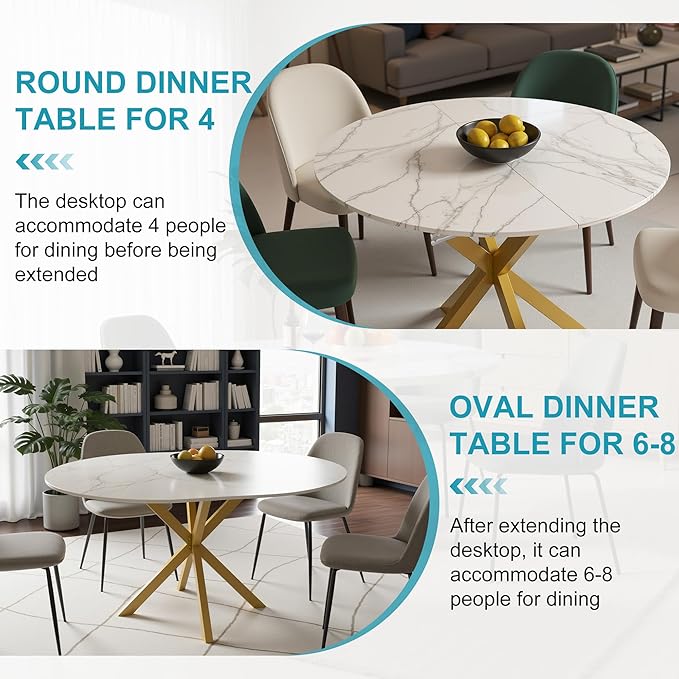 43"- 59" Extendable Dining Table for 4-6, Retractable Round Dinner Table Marble Oval Kitchen Tables Modern Steel Base Dining Room Tables for Small Space, Kitchen, Living Room, White & Gold