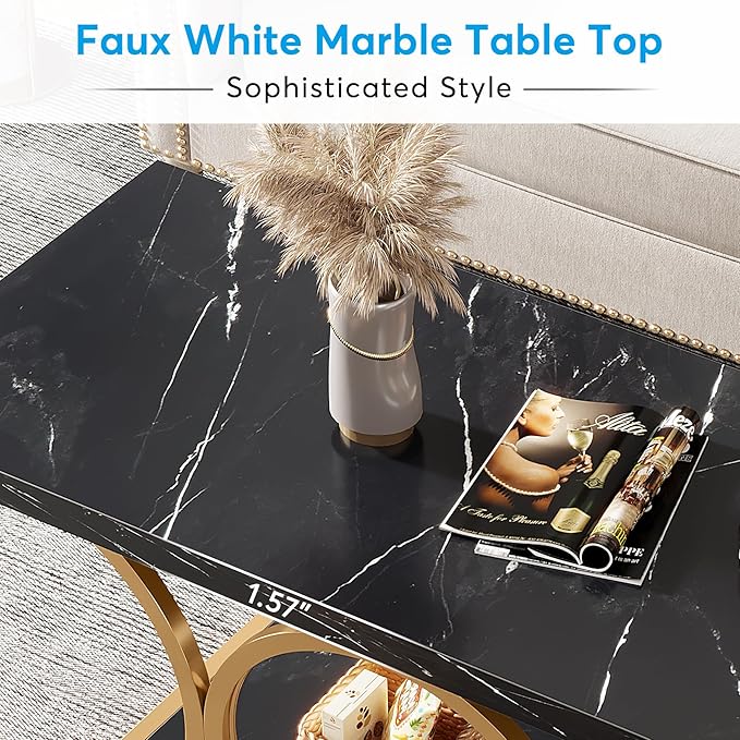 Tribesigns Rectangle Coffee Table, 47.24-inch Modern Coffee Tables for Living Room, 2-Tier Faux Marble Wood Coffee Table with Geometric Metal Legs, Furniture with Storage Shelf (Black & Gold)
