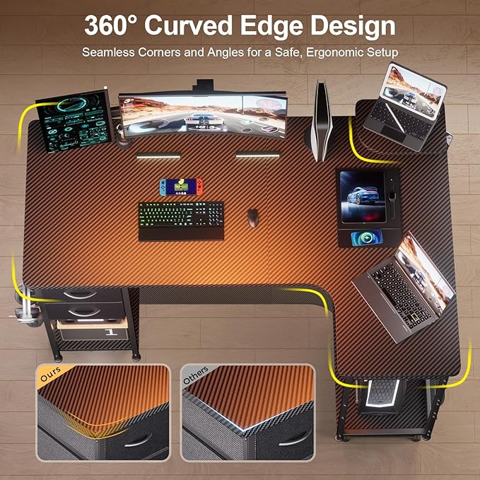 GTPLAYER L Shaped Desk with Drawers, Carbon Fiber Style Computer Desk with Monitor Shelf, Black Small L Shape Desk with Adjustable Open Storage Shelf, Corner PC Table for Small Space Home Office