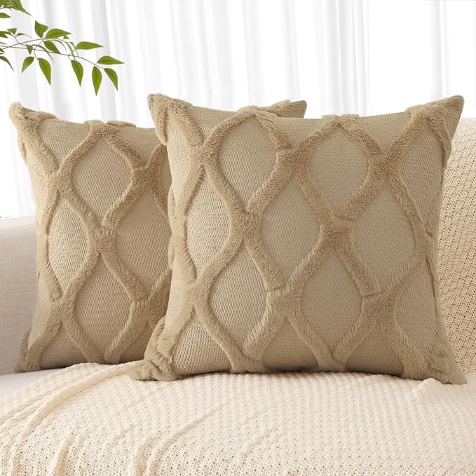 decorUhome Throw Pillow Covers 20x20 Inch Set of 2, Soft Plush Faux Fur Wool Khaki Couch Pillow Covers, Decorative Neutral Pillow Cases for Bed Sofa Living Room Home Decor