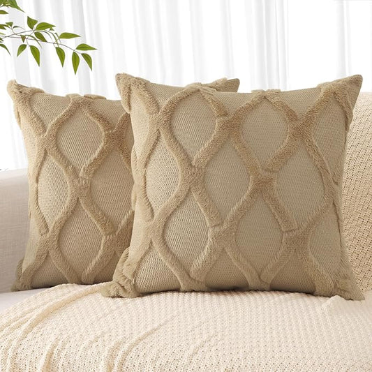 decorUhome Throw Pillow Covers 20x20 Inch Set of 2, Soft Plush Faux Fur Wool Khaki Couch Pillow Covers, Decorative Neutral Pillow Cases for Bed Sofa Living Room Home Decor