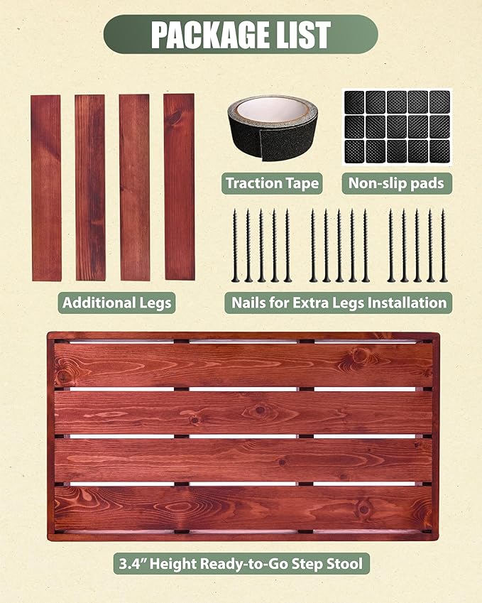 3.4"/5.9" Heightable Wooden Outdoor Step, 100% Handmade Step Stools for Adults with 4 Additional Legs & Anti-Slip Traction Tape, One Step Stool for Elderly, Adults, Kids (25" L x 16" W)