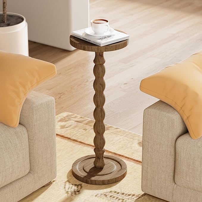 Solid Wood Drink Table, Rubber Wood‌ Small Round Side Table for Small Spaces, Martini Tables, Pedestal End Tables for Living Room, Bedroom, Corners, and Office (Brown, 9.4 inch)
