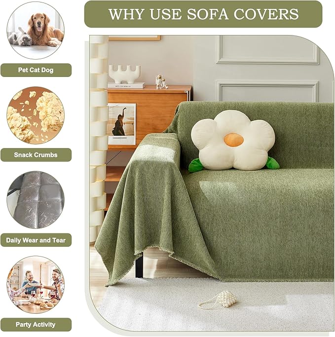 STACYPIK Christmas Matcha Green Sofa Cover Chenille Couch Covers Herringbone Sofa Covers for 2 Cushion Couch Thick Couch Covers Blanket Scratch Resistant Furniture Cover for Kids Dogs Decor-91X118IN