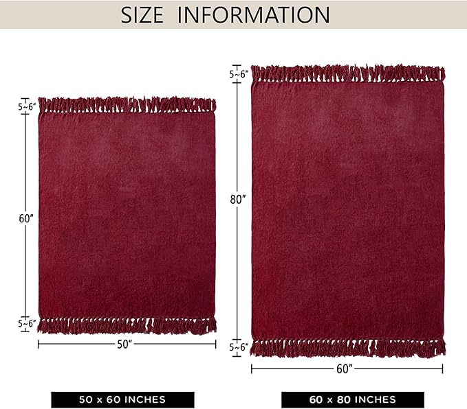 Chenille Throw Blanket for Couch 50"X 60", Soft Cozy Throws with Fringe Tassel for Bed Sofa Chair Cover, Lightweight Knitted Decorative Boho Blankets for Living Room, Red