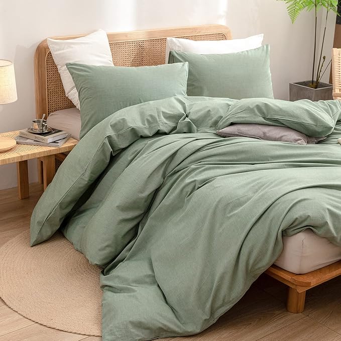 BESTOUCH Duvet Cover Set 100% Washed Cotton Linen Feel Super Soft Comfortable Chic Lightweight 3 PCs Home Bedding Set Solid Green Queen