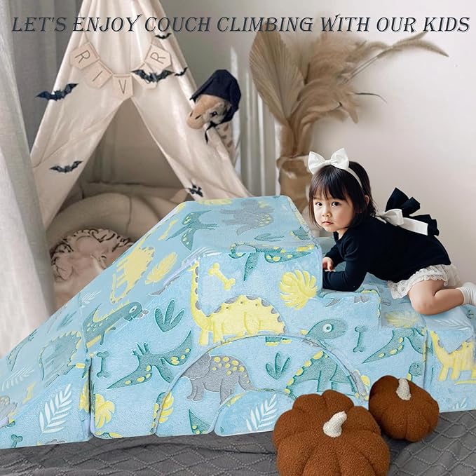 MeMoreCool Foam Climbing Toddler Couch, Modular Kids Sofa with Slide & Stair, Convertible Baby Couch for Playroom, Sectional Furniture for Crawling, Climbing, and Kids’ Play
