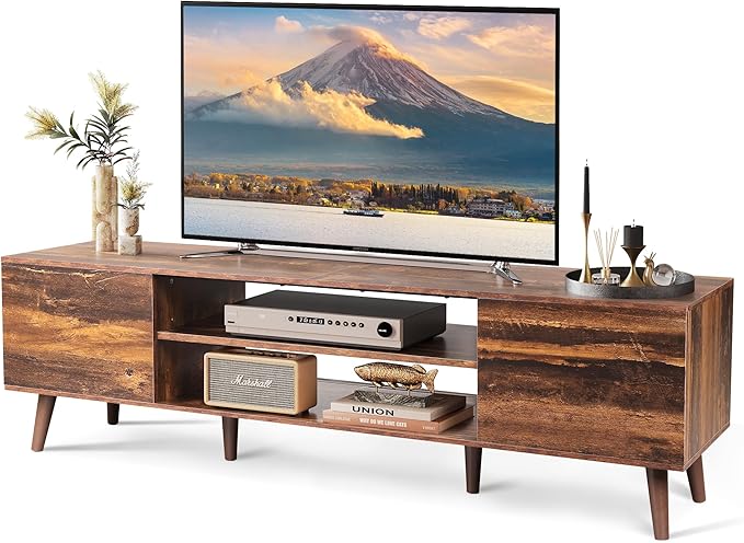 WLIVE TV Stand for 65 70 inch TV, Mid Century Modern TV Console, Entertainment Center with Storage for Living Room, Retro Brown
