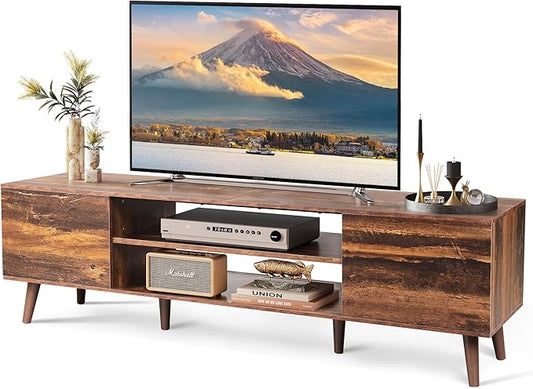 WLIVE TV Stand for 65 70 inch TV, Mid Century Modern TV Console, Entertainment Center with Storage for Living Room, Retro Brown