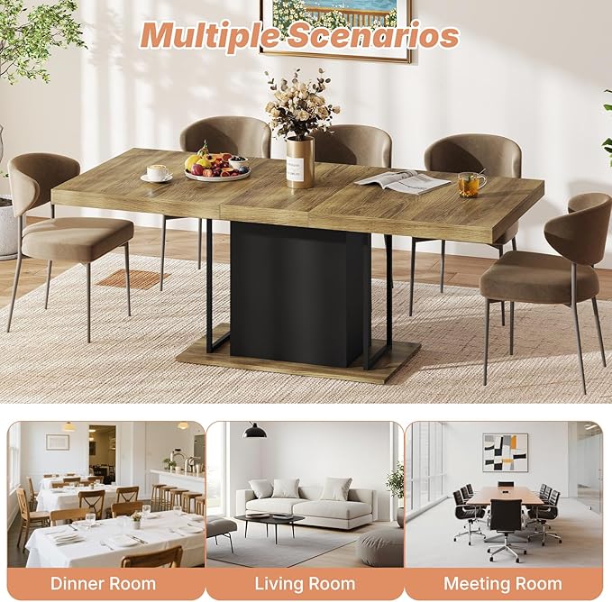63"-78.7" Expandable Dining Tables, 6-10 Farmhouse Kitchen Table, Extendable Dining Room Table, Rectangular Thick Top with Metal Track, Central Column Base for Living Room, Office-Brown