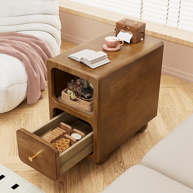 Solid Wood Nightstand, Narrow Night Stand with Drawers, Walnut Mid Century Modern Nightstand, Small Beside Table with Open Storage Shelf for Bedroom (10 inch)