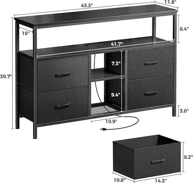 Huuger TV Stand Dresser with Power Outlets and LED Lights, 4 Drawers Entertainment Center with Open Shelf, Media Console for 50 43 Inch TV, Dresser with PU Finish, Black