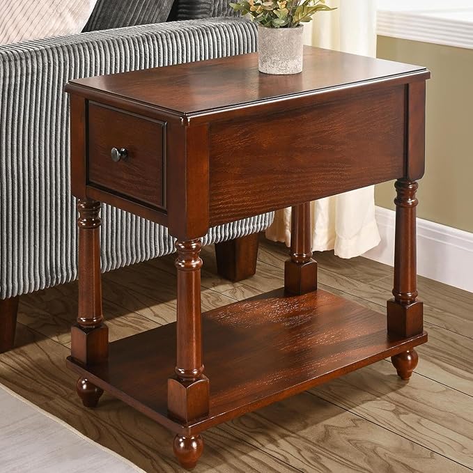 LEEMTORIG Narrow Nightstand with Drawer, No-Tools Assembly Wood End Tables Living Room Side Tables Bedroom, Mid-Century Modern 13"W Slim Narrow Bedside Table, 22"D x 22.3"H, Cherry Brown BBJ-004-DWA