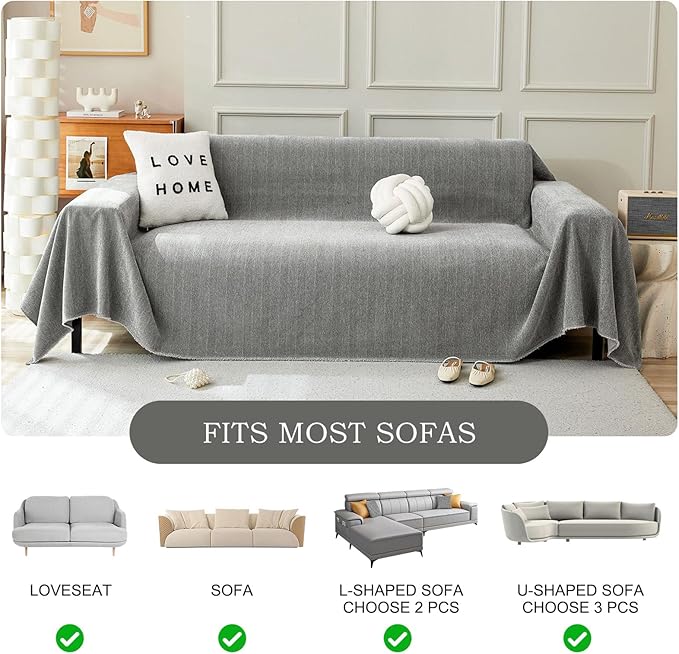 STACYPIK Jacquard Non Slip Sofa Cover for Dogs, Washable Dark Gray Couch Cover for Pets, Chenille Couch Covers for Sectional, Tassels Furniture Protector for 2 Cushion Sofa Throw Blankets-71X118IN