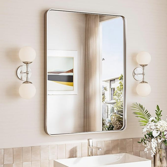TokeShimi 24x32 Brushed Nickel Bathroom Mirror,Vanity Mirror for Bathroom with Tempered Glass,Rectangle Bathroom Wall Mirror with Aluminum Frame(Horizontal/Vertical)