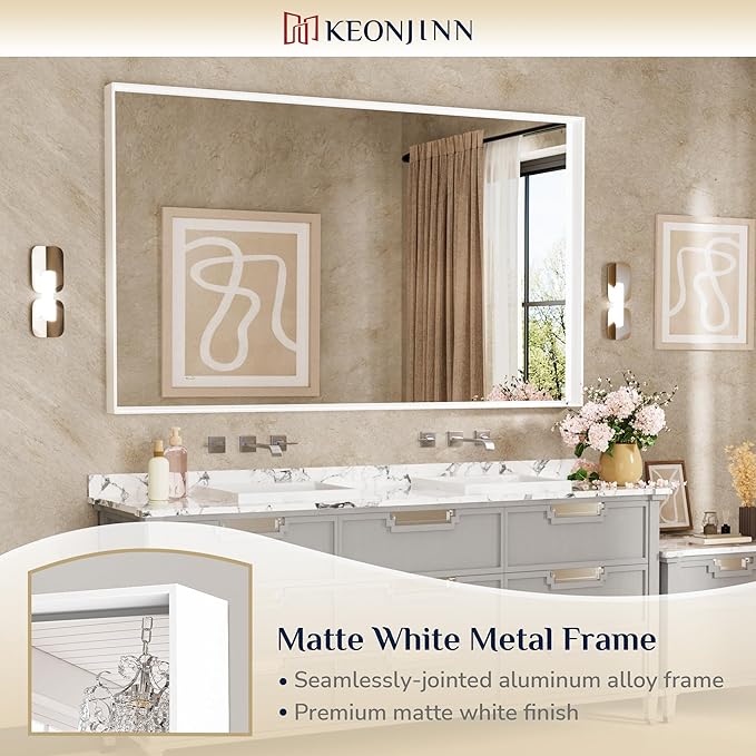 Keonjinn 60 x 36 Inch White Bathroom Mirrors Metal Framed Large Bathroom Mirror for Over Sink Metal Framed Rectangle Wall Mirror Modern Square Corner Matte White Rectangle Mirror(Horizontal/Vertical)