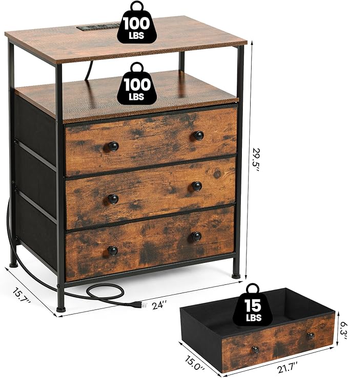 3 Drawers Dresser with Charging Station, 24 Inch Wide LED Night Stand with Adjustable Fabric Drawer, Nightstand with Storage Shelf for Living Room/Bedroom/Office, Rustic Brown.