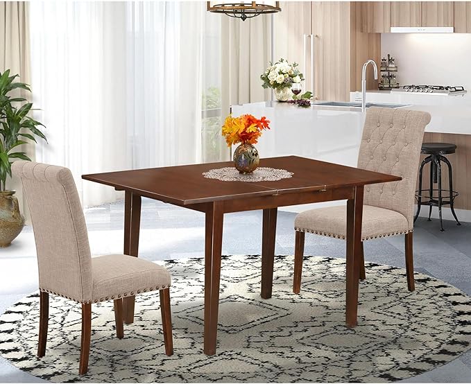 East West Furniture NOBR3-MAH-04 3 Piece Dining Room Table Set Contains a Rectangle Kitchen Table with Butterfly Leaf and 2 Light Tan Linen Fabric Parson Chairs, 32x54 Inch, Mahogany