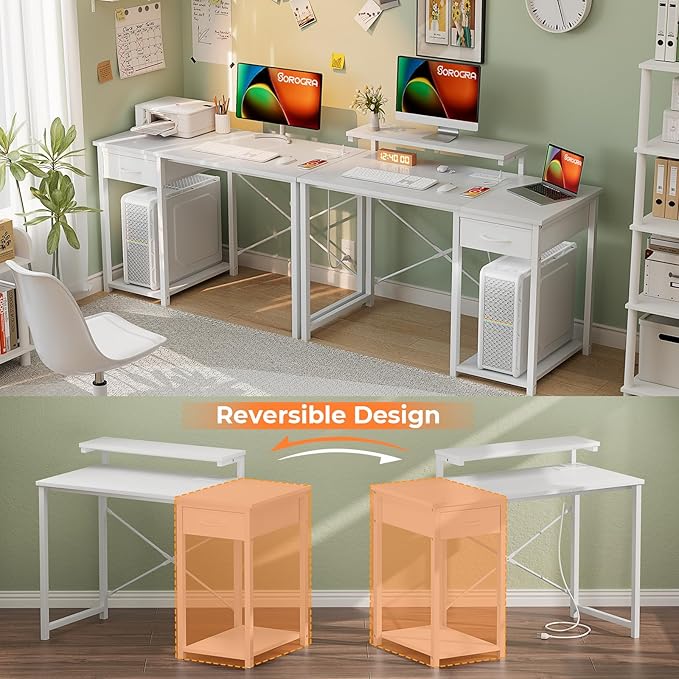 Computer Desk with Adjustable Monitor Stand, 47.2 in Small Desk with Reversible Storage Shelves, Office Desk with Spacious Desktop Spaces for Home Bedroom Workstation, White