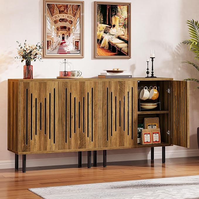 Tribesigns Set of 2 Sideboard Buffet with Storage, 59" Buffet Sideboard Cabinet with Adjustable Shelves, Accent Storage Cabinet for Living Room, Rustic Brown