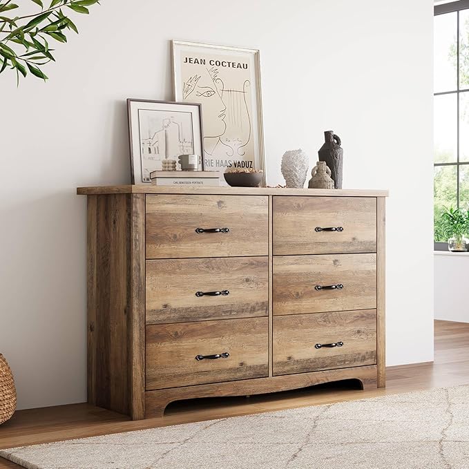 LINSY HOME 6 Drawers Dresser for Bedroom, 47" Wide Rustic Wood Dressers & Chests of Drawers, Modern Farmhouse Storage Dresser with Antique Handles for Closet, Living Room, Hallway, Rustic Brown