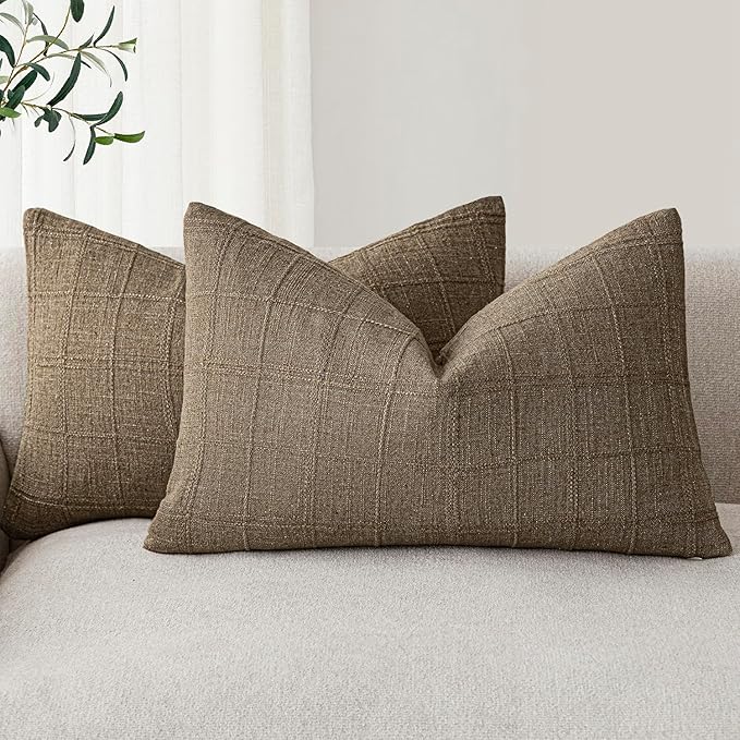 Foindtower Set of 2 Decorative Linen Check Throw Pillow Covers Neutral Farmhouse Lumbar Cushion Covers Modern Boho Home Decor for Sofa Chair Couch Bedroom Living Room Outdoor,12×20 Inch,Light Brown