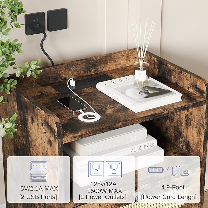End Table with Diamond Handle, Nightstand/Bedside Table with Charging Station, Rustic Brown
